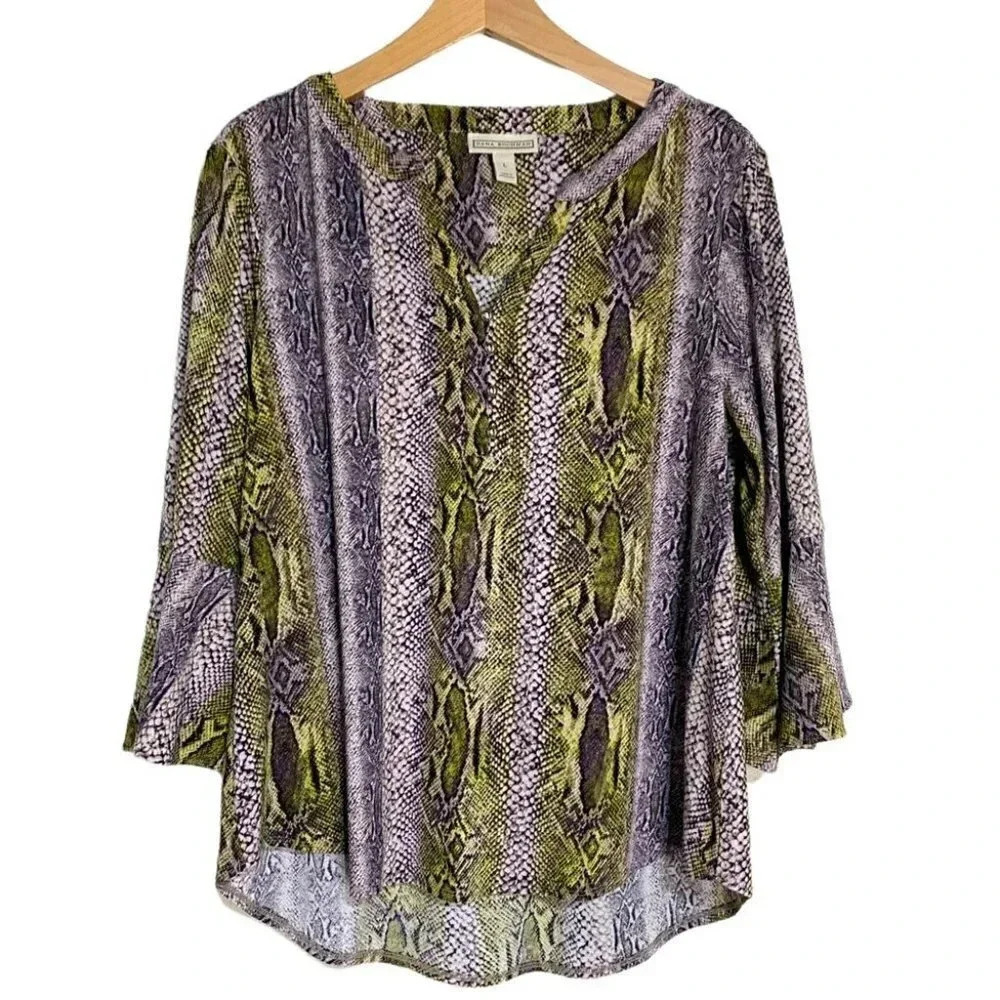 Dana Buchman Blouse Large Purple Green Snakeskin Bell Sleeve Split Neck Top